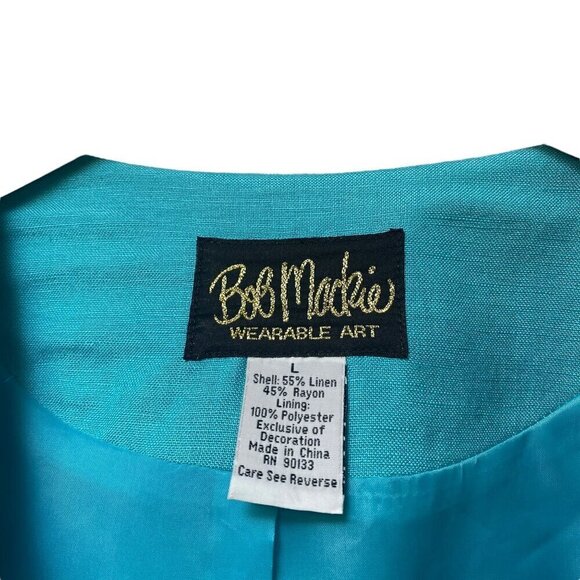 BOB MACKIE Jacket Size Large Turquoise Blue Embroidered Linen Blend Womens - Picture 5 of 12
